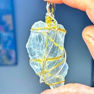 Beach Glass Rock Pendant Clear Sea Glass in Fold Tone Wire Wrapping